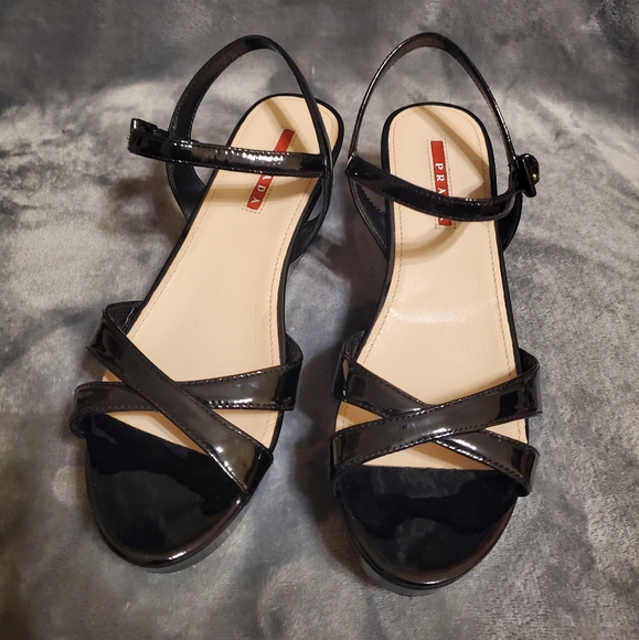 NWOB Prada Black Patent Leather Platform Wedge Sandal Size 37 1/2 - Picture 8 of 9